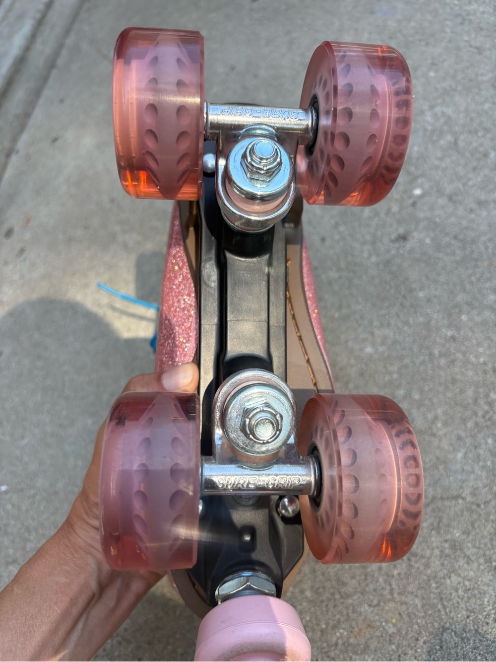 Adult Glitter Pink Roller Skates with Blue Laces - Picture 2 of 12